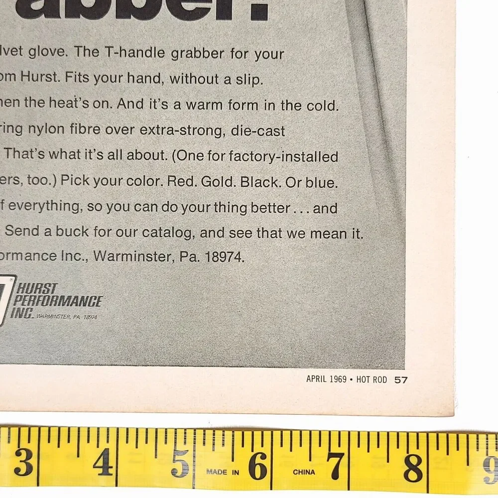 Vintage Hurst T-Handle Grabber Black &‎ White Print Ad 1969 Hot Rod Magazine